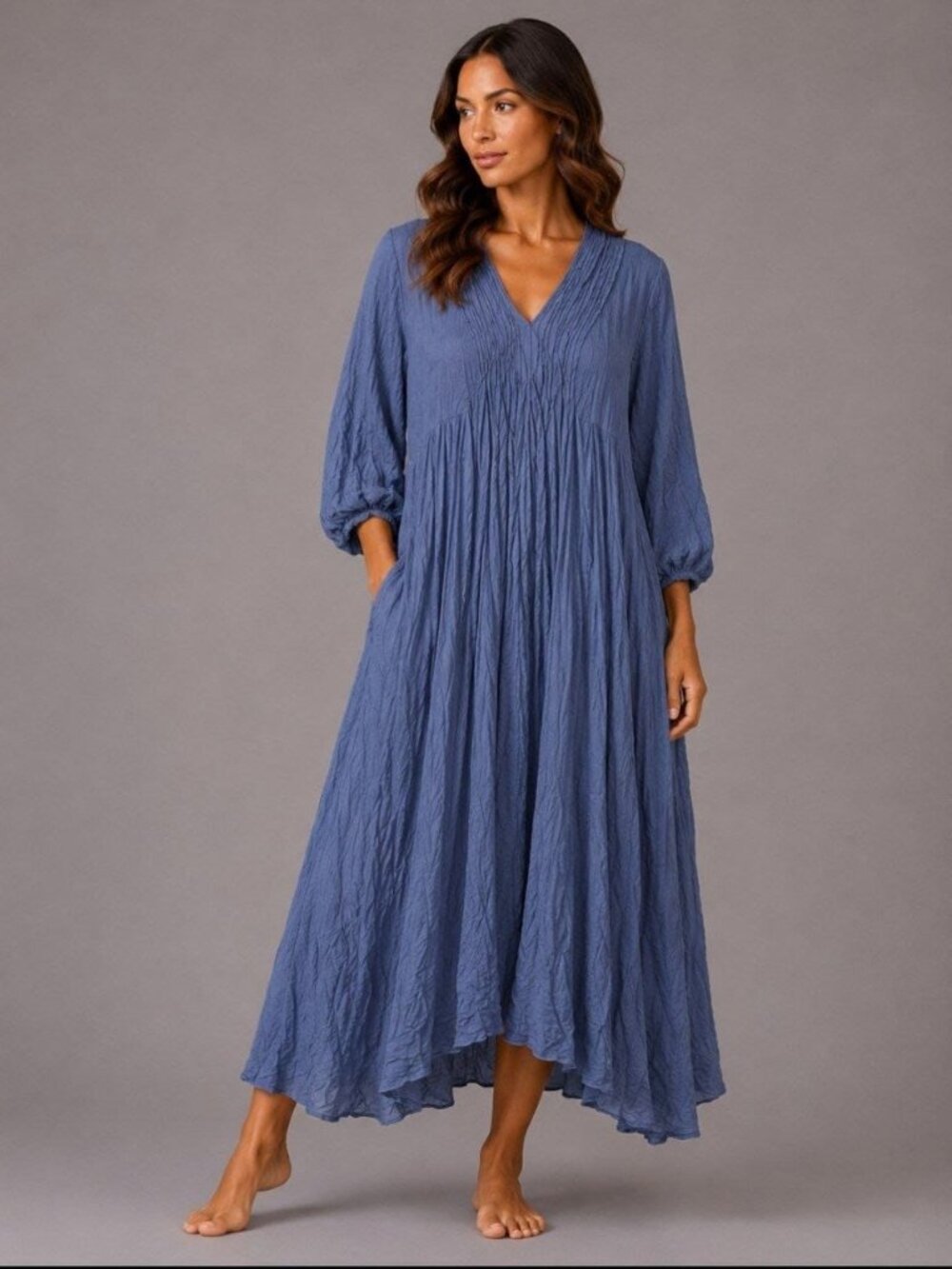 NEW Women’s Boho Crinkle Cotton Maxi Dress Dusty Blue Lagenlook Oversized V-Neck